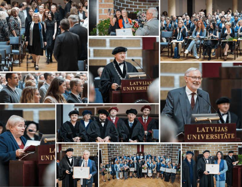 Kolāža no Latvijas Universitātes promocijas ceremonijas. Attēlos redzami absolventi, profesori un viesi svinīgajā pasākumā.