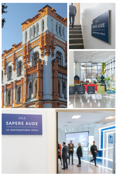 LU Doktorantūras skolas telpas Kalpaka bulvārī 4, ēkas fasāde, interjers un zāle "Sapere Aude"