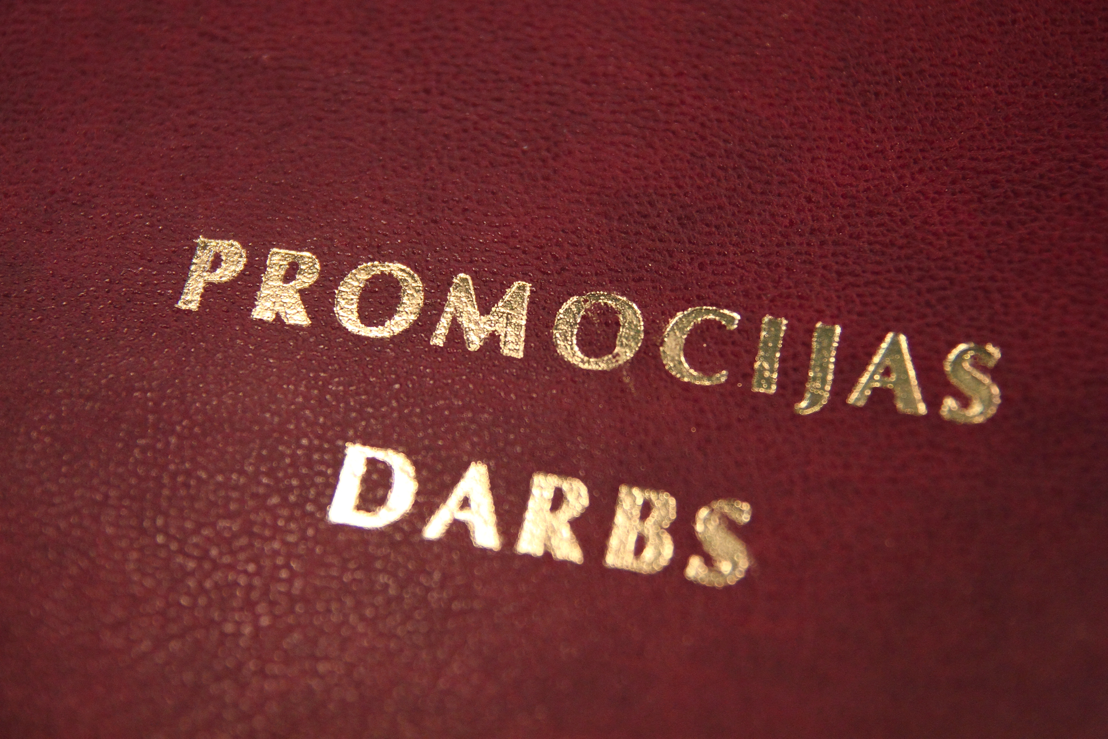 Attēlā redzama sarkana cietā vāka grāmata, kas novietota uz atvērtām lapām. Uz vāka ar zelta burtiem ir rakstīts “LATVIJAS UNIVERSITĀTE” un “PROMOCIJAS DARBS”, kas norāda, ka tā ir doktora disertācija no Latvijas Universitātes. Grāmata izskatās oficiāli un profesionāli iesieta.  Fonā redzami izplūduši grāmatu plaukti, kas rada bibliotēkas vai akadēmiskas vides iespaidu. Kopumā attēls atspoguļo augstākās izglītības un zinātniskās pētniecības kontekstu.